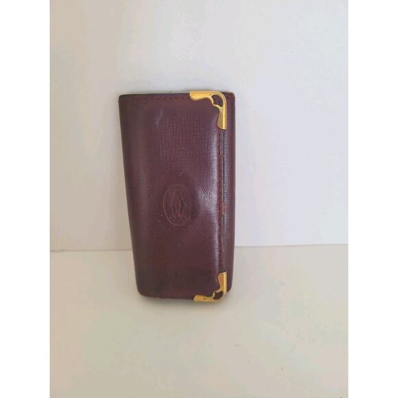 Cartier 4 Key Hooks Holder Case Wallet Red Bordeaux Burgundy Small Logo Leather - Picture 1 of 10